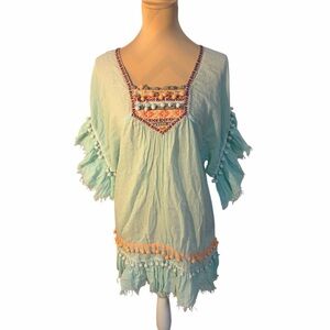 Debbie Katz Bohemian Aqua Tunic Top – Embroidered Tassel Fringe Tunic – Size M